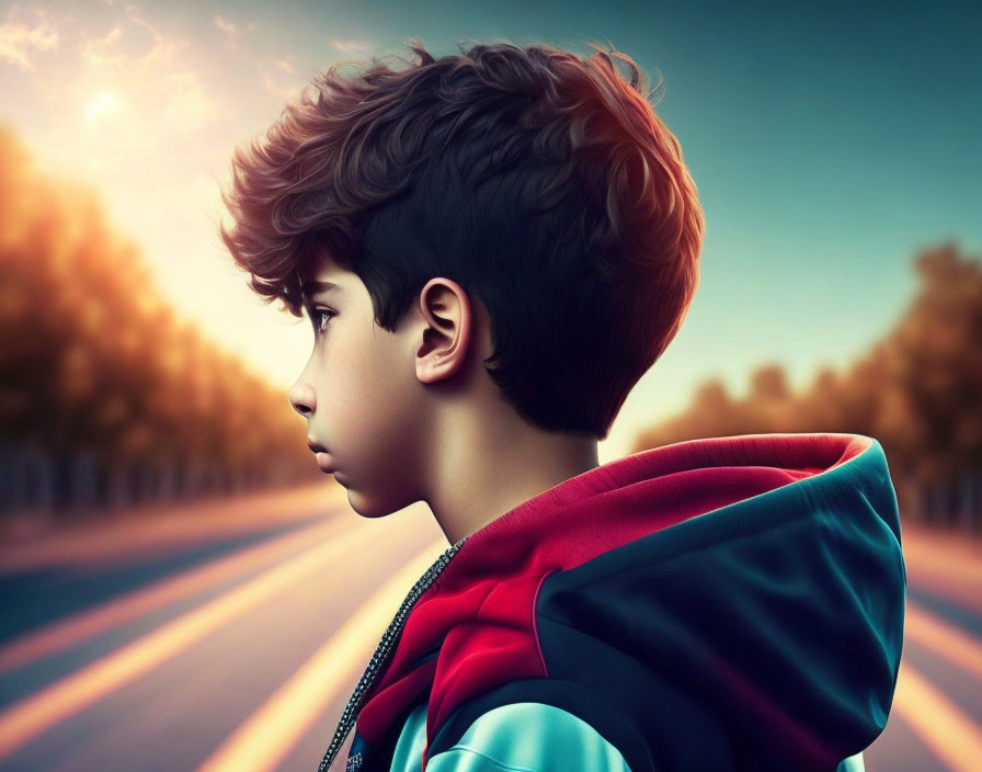 Young boy with wavy hair in hooded jacket gazes at sunset in nature scene