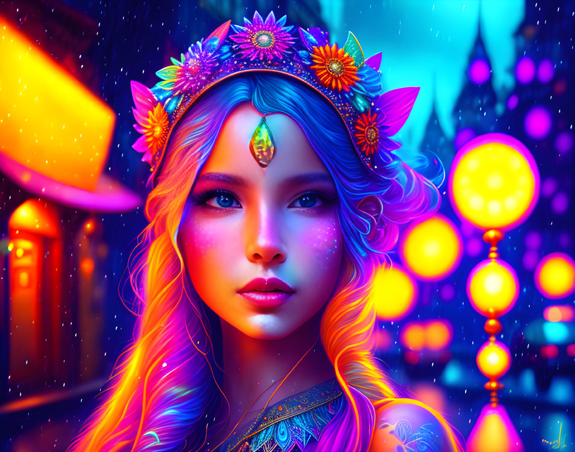 Vibrant fantasy woman with elf-like ears and flower crown in neon-lit night scene