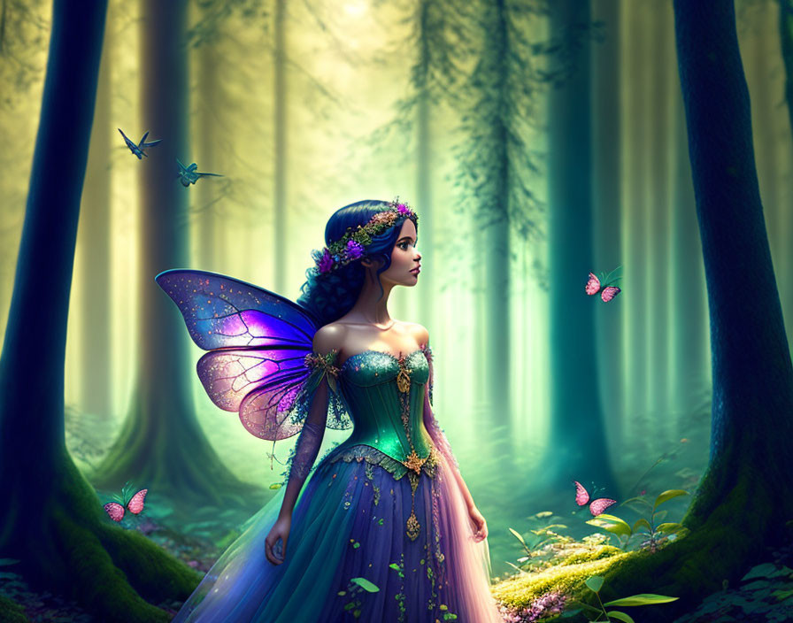 Fantasy illustration: Fairy with colorful wings in mystical forest