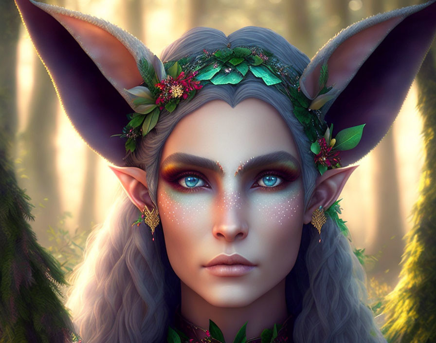 Fantasy female character with pointy ears and floral crown in enchanted forest