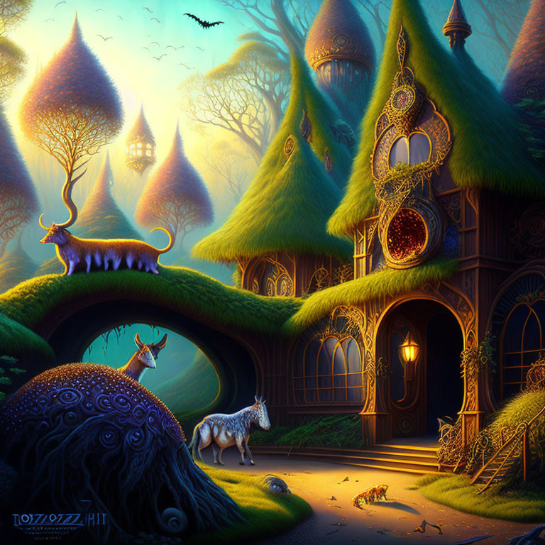 Twilight forest scene with treehouses, unicorn, greenery, ornate designs, distant castle