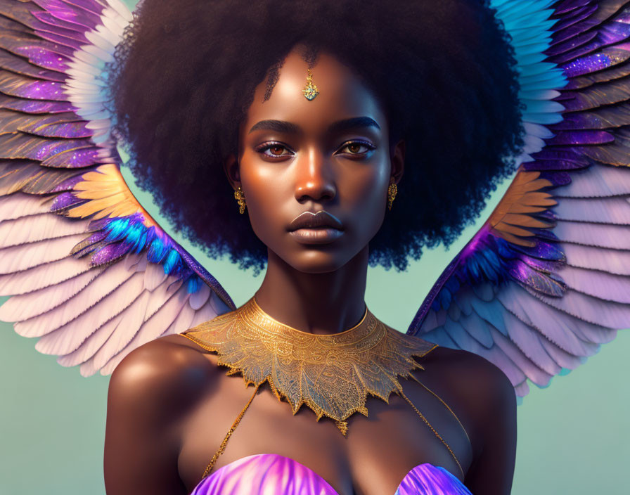 Digital Artwork: Woman with Dark Skin, Afro Hair, Purple Top, Gold Jewelry, Multicol