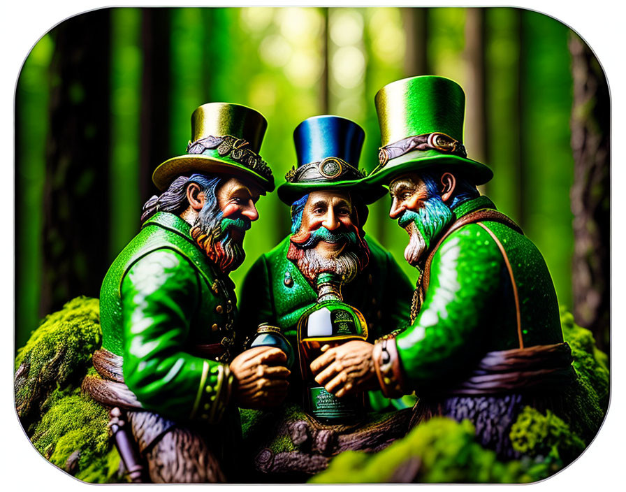 Whimsical leprechaun figurines in vibrant forest setting