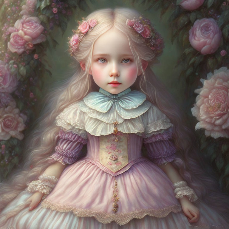 Blonde doll-like girl in vintage dress with floral backdrop