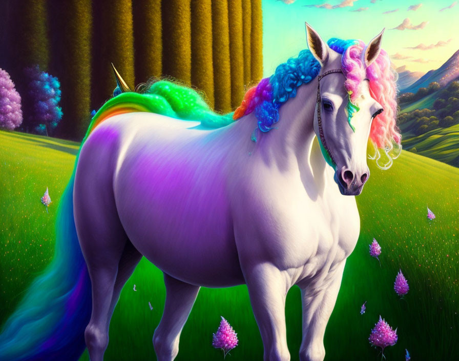 Colorful mythical unicorn with rainbow mane in vibrant landscape