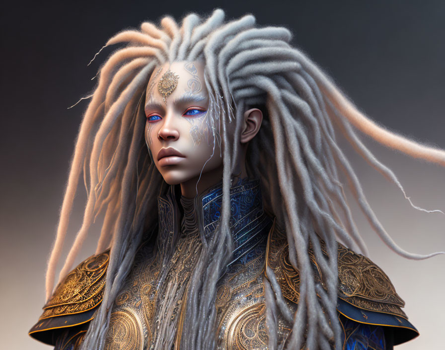 Fantasy character with blue facial tattoos, white dreadlocks, and intricate armor