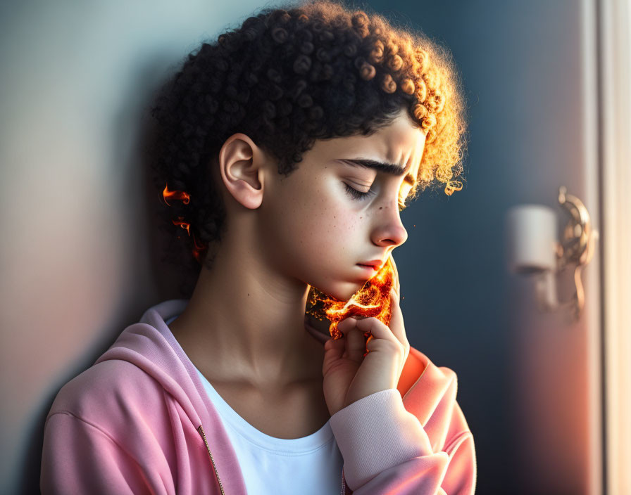 Curly-haired youth gazes out window in warm sunlight.