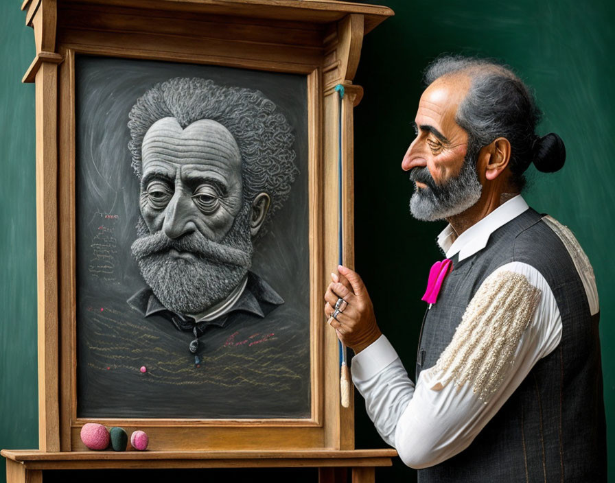 Ponytailed man next to detailed chalk drawing on chalkboard