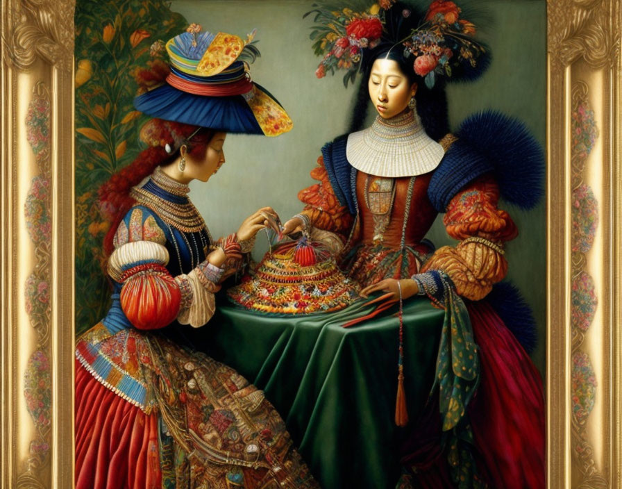 Renaissance-inspired painting of two women in ornate attire in a floral scene