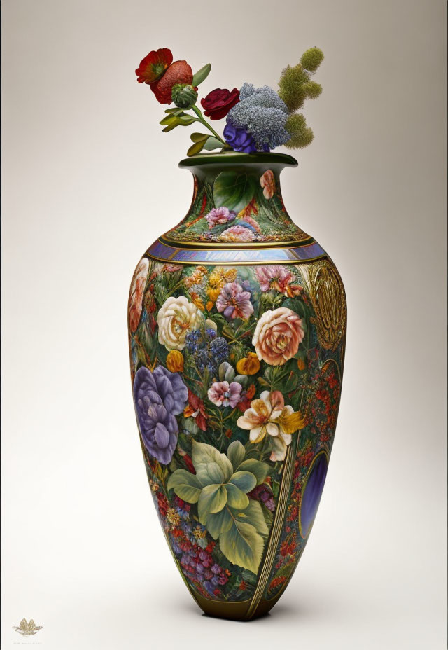 Floral Pattern Vase with Gold Accents and Roses & Carnations