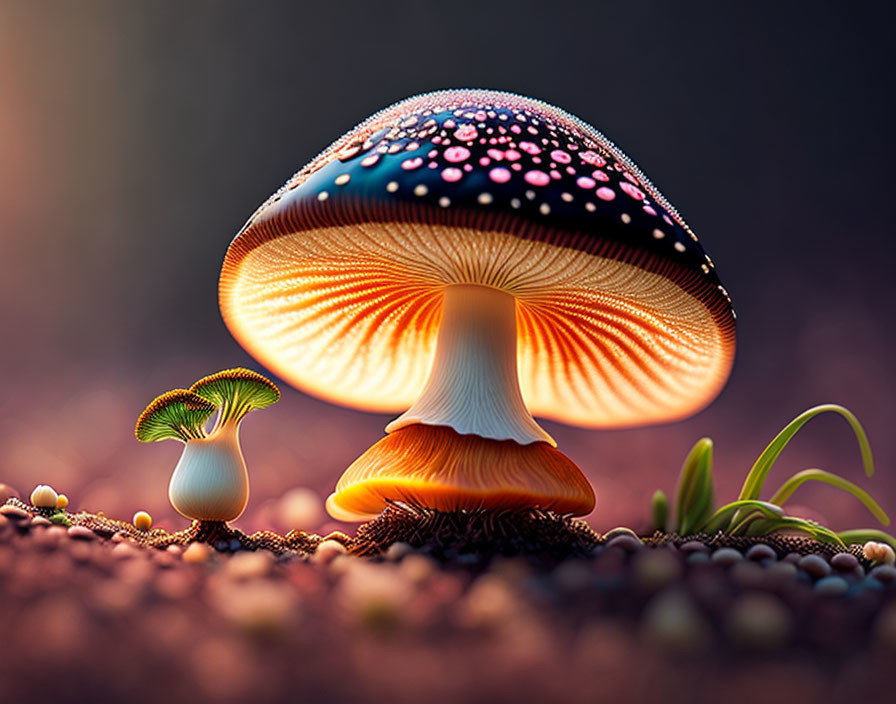 Vibrant mushrooms with illuminated undersides on mystical pebbled ground