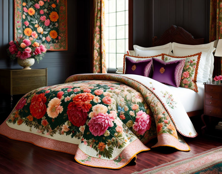 Floral-themed bedroom with dark wood accents