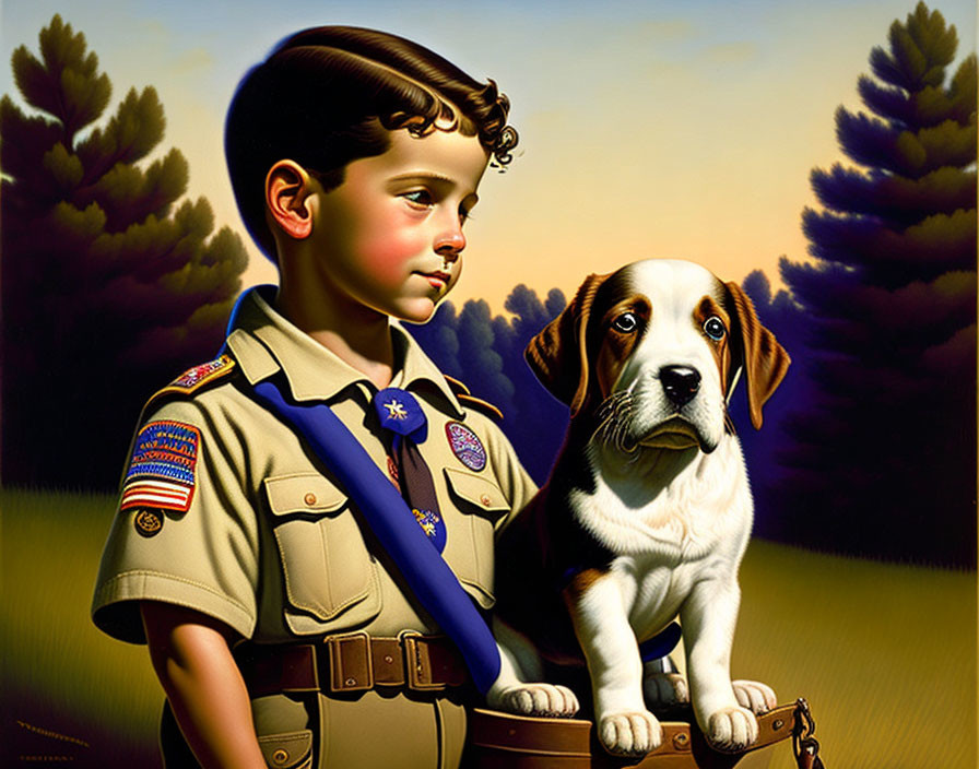 Young boy in scout uniform with beagle in forest setting