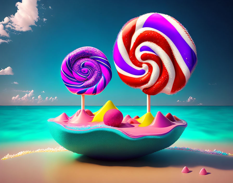 Colorful swirling lollipops on boat in blue ocean and sky