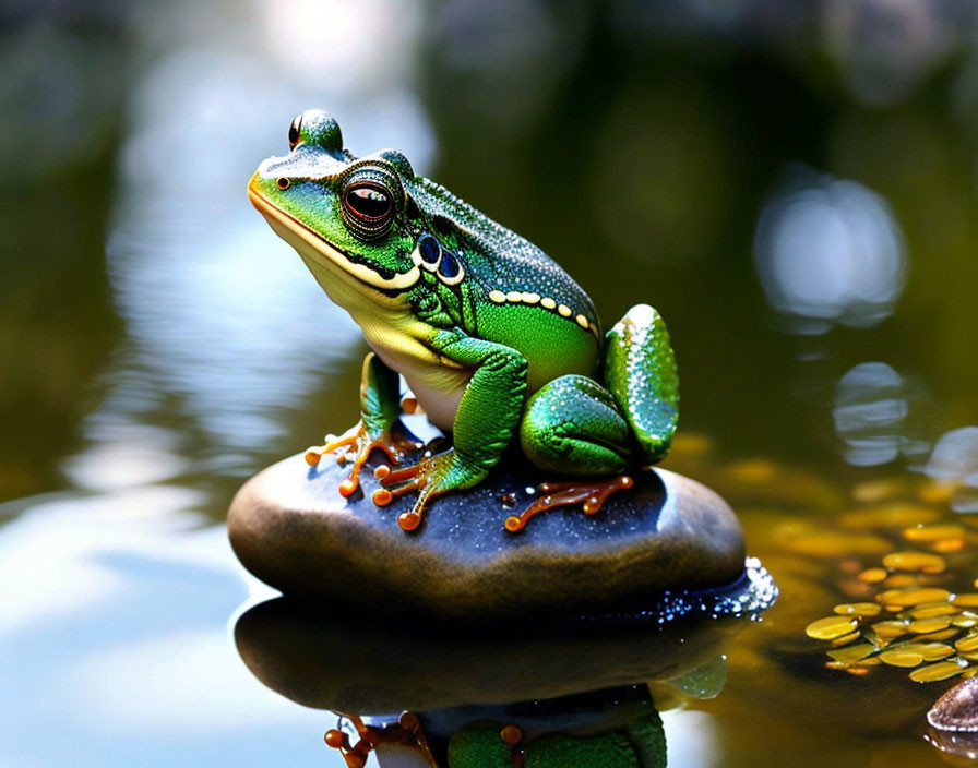 Colorful Frog on Stone Surrounded by Water and Coins