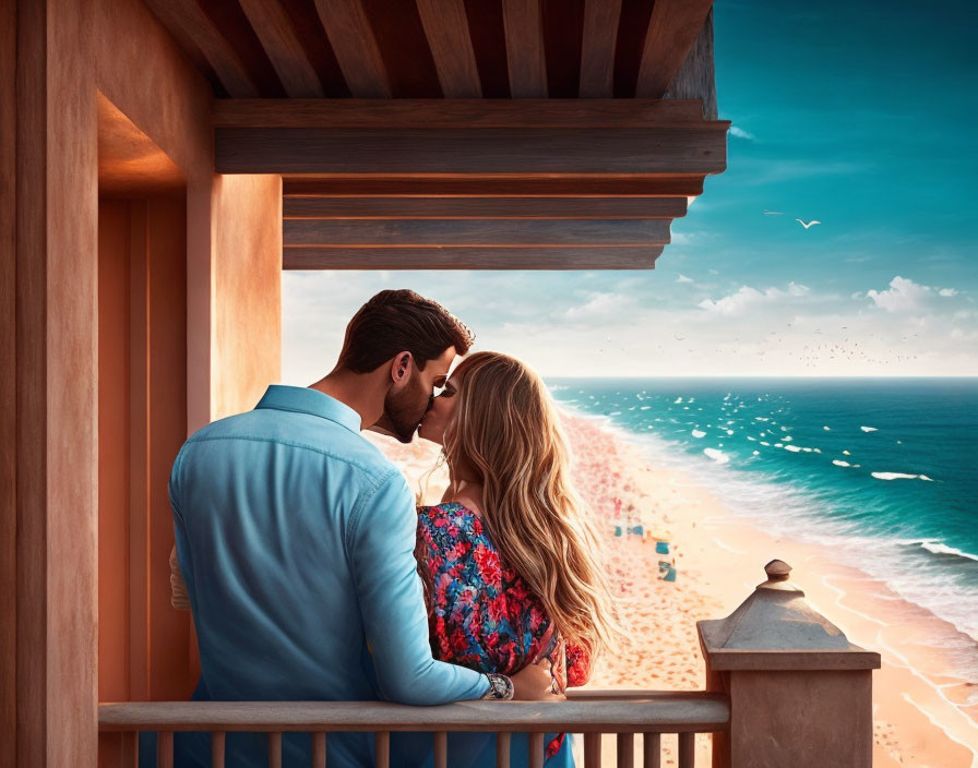 Romantic couple embraces on balcony overlooking beach scene