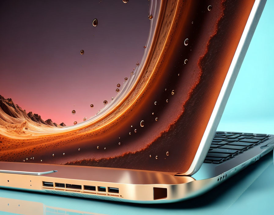 Gold Laptop with Coffee-like Splash and Floating Droplets