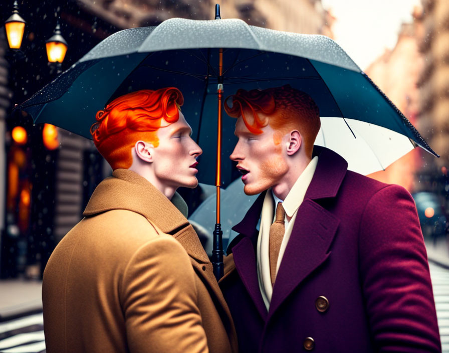 Stylized individuals with vibrant red hair under shared umbrella on city street