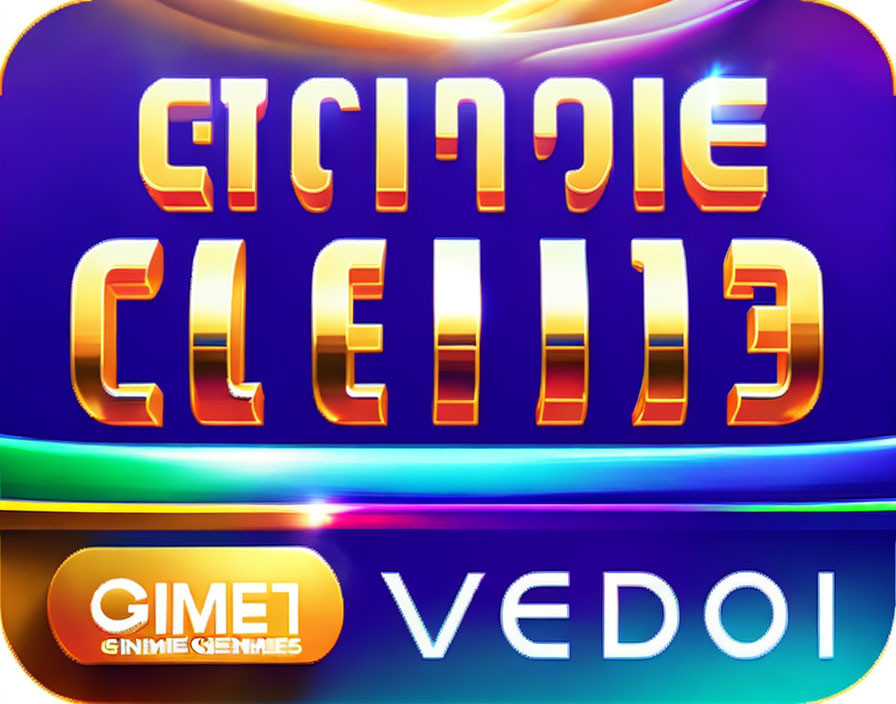 Vibrant 3D golden text logo with blue, purple hues, and green tag.