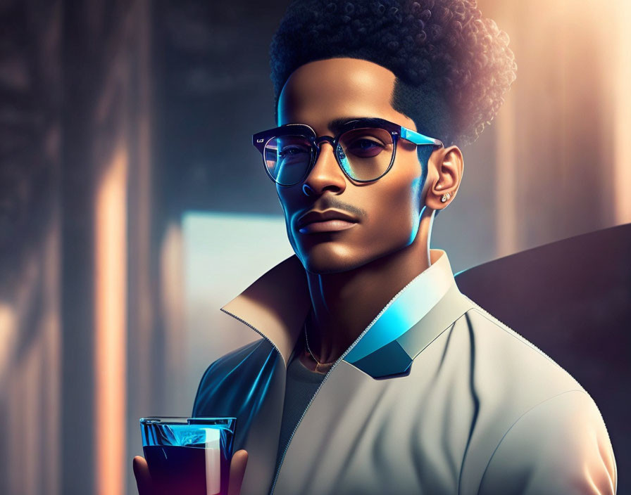 Illustrated character with glasses holding a drink in warm, moody setting