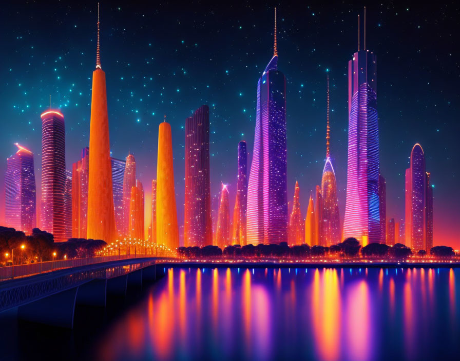 Nighttime futuristic cityscape with illuminated skyscrapers, neon colors, reflections, and starry sky