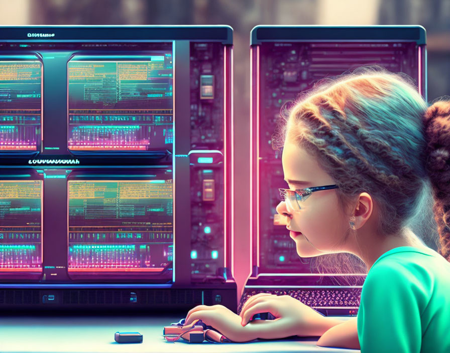 Young girl with glasses observing colorful code on computer screens in server room