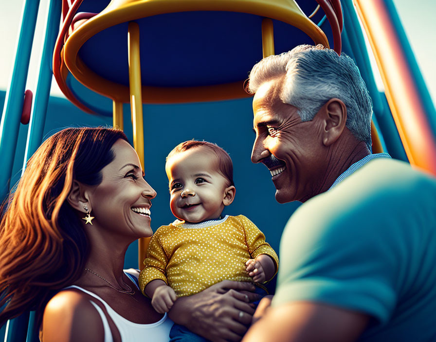 Family bonding at playground with three generations laughing on a sunny day