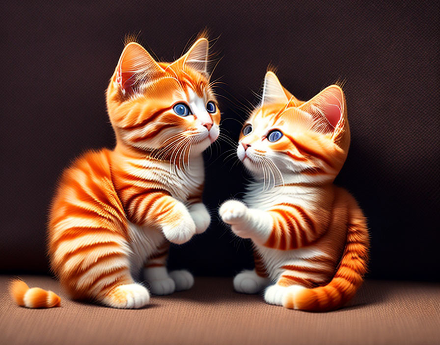 Orange Tabby Kittens Playing on Dark Brown Background