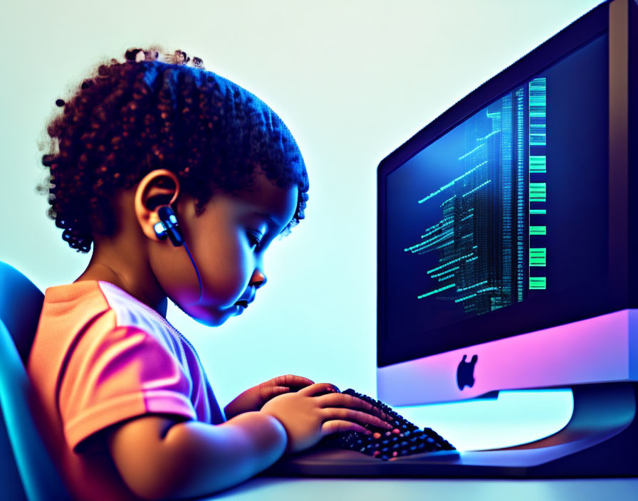 Child with headphones engrossed in coding on colorful computer screen