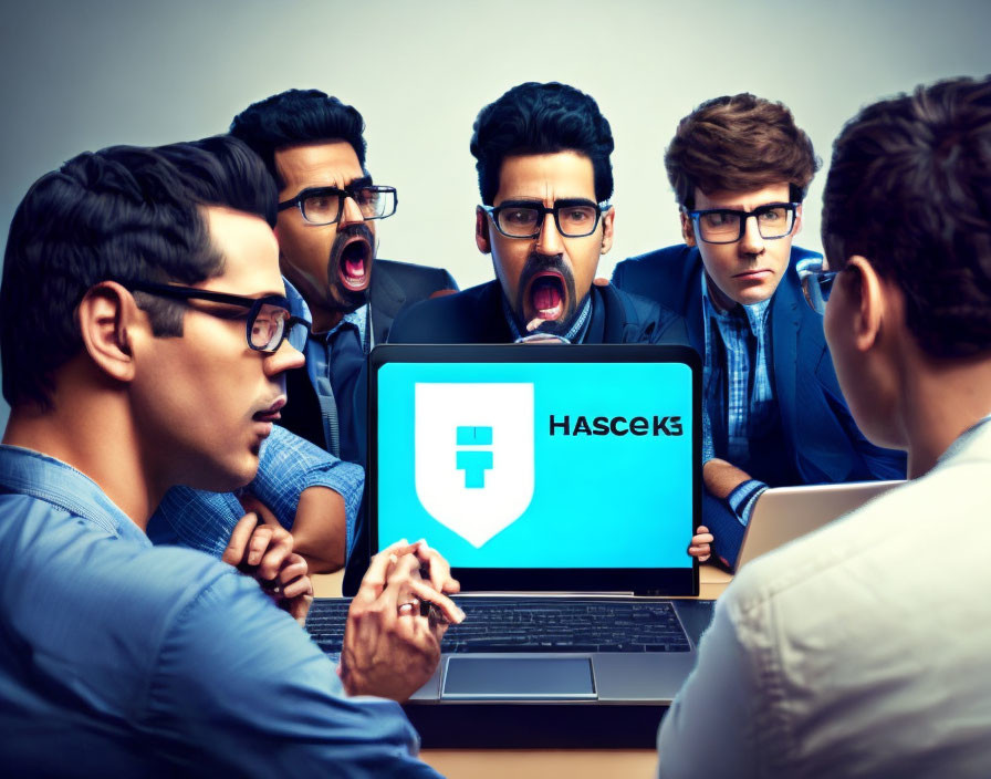 Collection of animated men with shocked expressions around laptop displaying "HASCEK3" logo