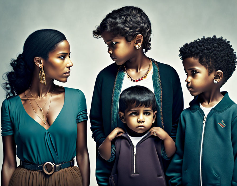 Woman and Three Children Group Portrait with Stylish Attire and Subtle Interactions