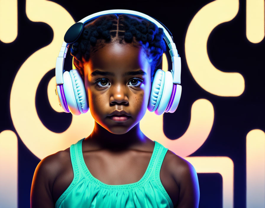 Child with headphones in front of vibrant neon puzzle piece backdrop