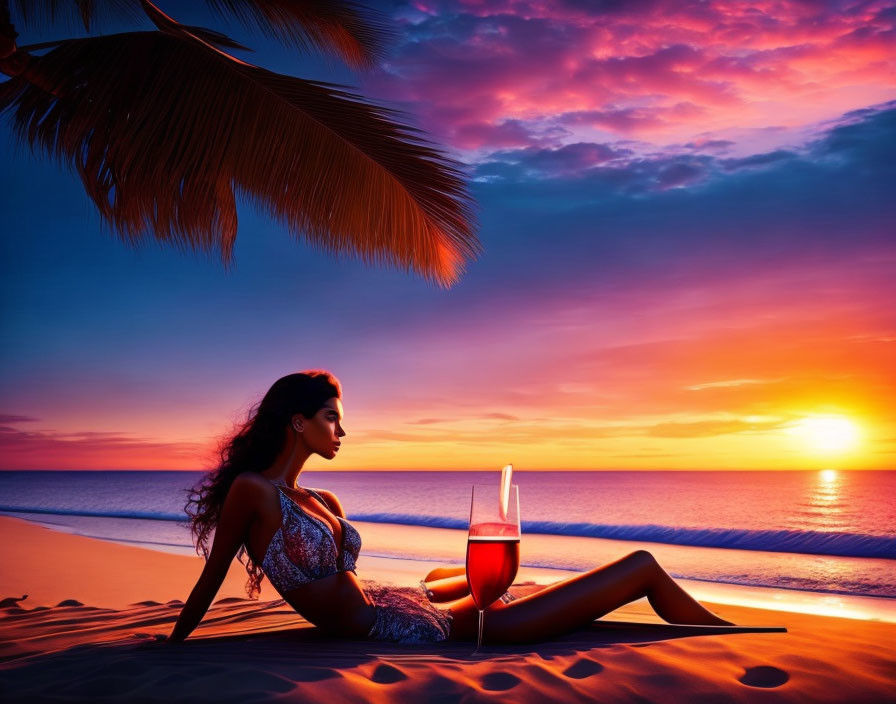 Silhouetted woman on beach at sunset with red drink