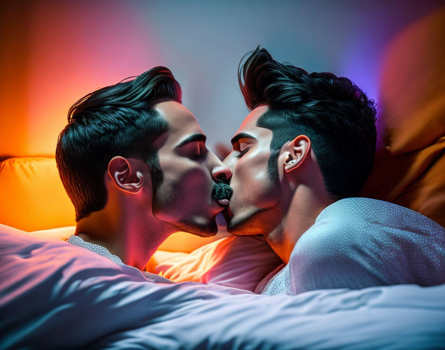 Intimate portrait of two men with noses touching in colorful lighting