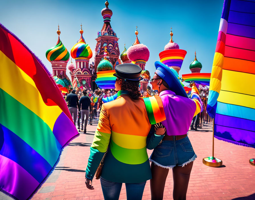 Rainbow-clad individuals with pride flag at Saint Basil's Cathedral