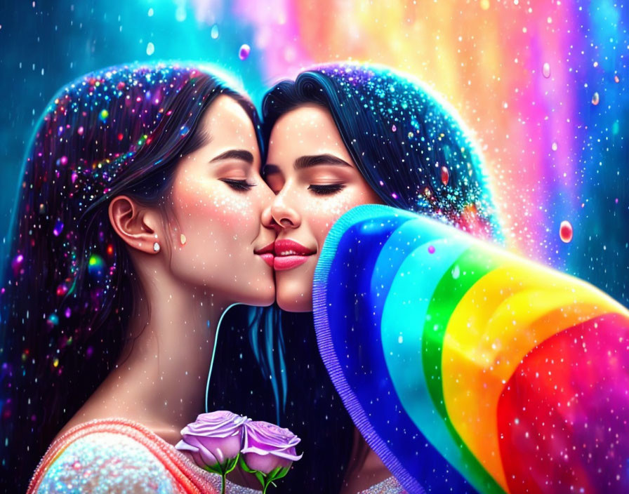 Two women kissing with cosmic background and floating rose, rainbow connecting their mouths and ear.