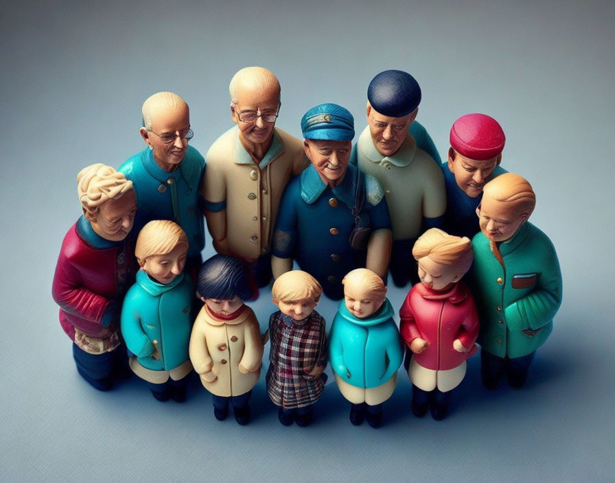 Miniature family figurines in circle wearing vintage clothes