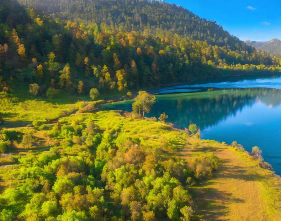 Serene lake with clear waters reflecting lush greenery