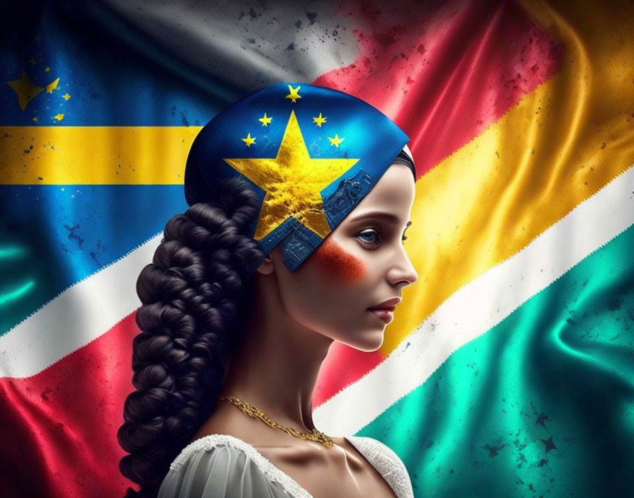 Woman with braid painted in Democratic Republic of Congo flag colors