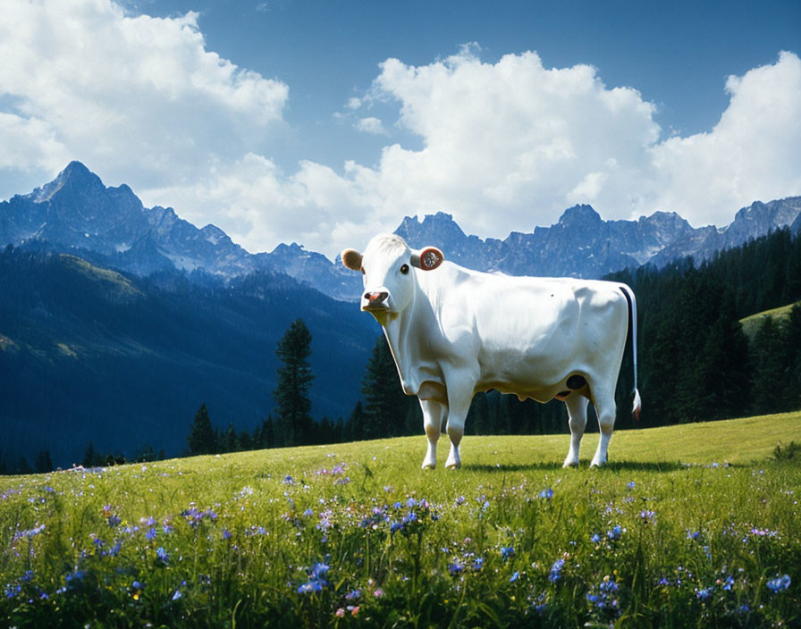 Brown-Spotted White Cow Grazing in Green Meadow with Wildflowers