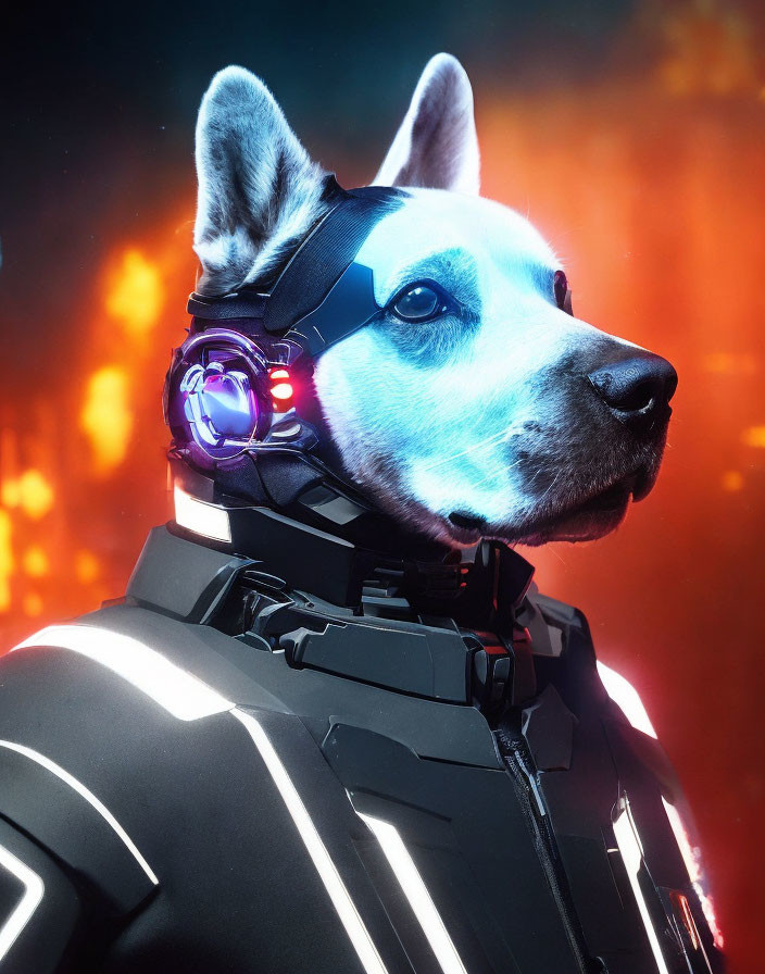 Futuristic armored dog with headset in fiery sci-fi setting