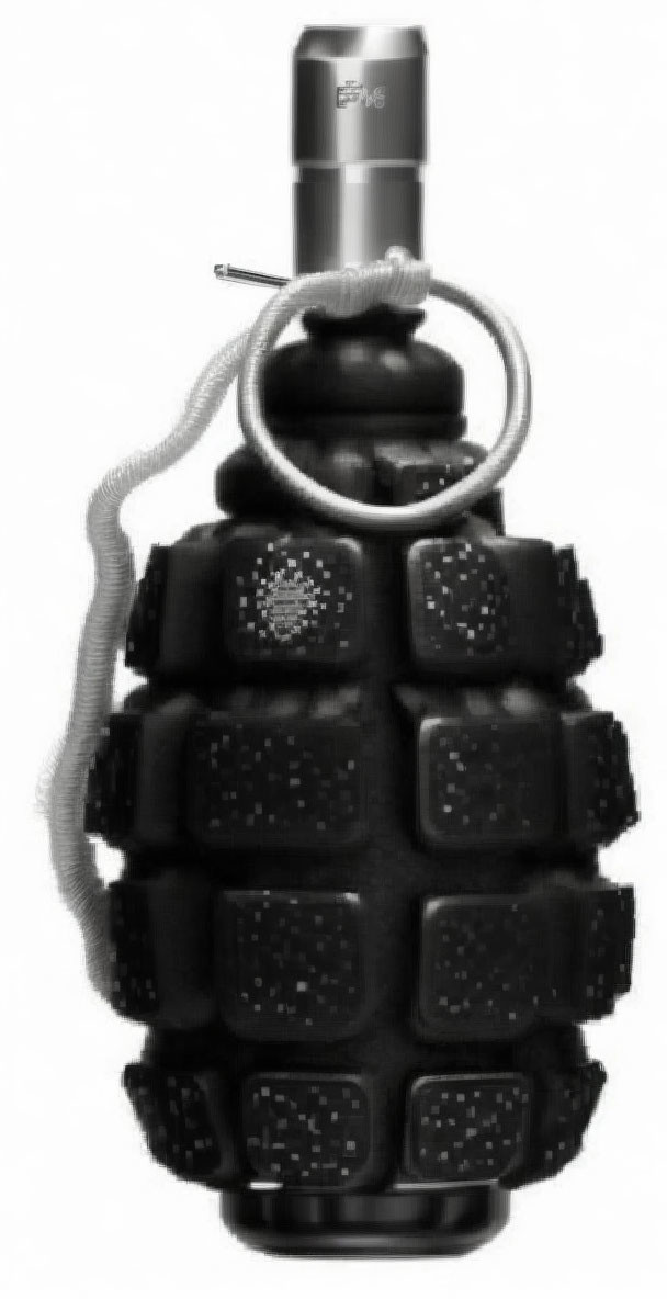 Monochrome hand grenade with classic "pineapple" design and pulled pin