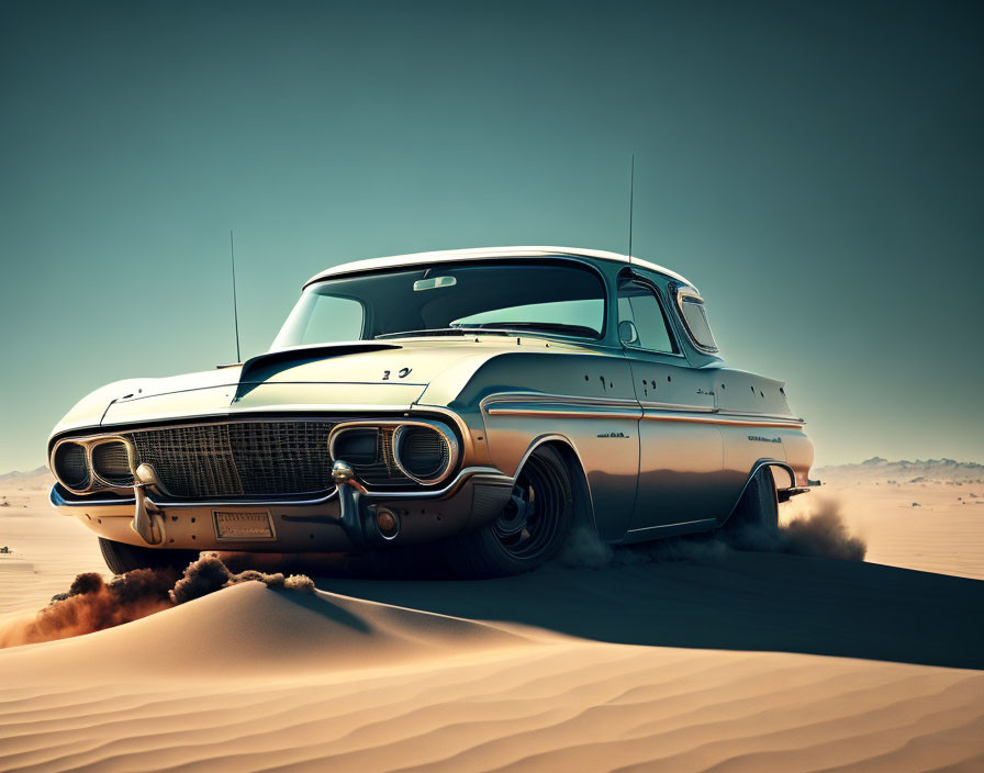 Classic Car Racing Through Desert with Dust Trail in Clear Sky