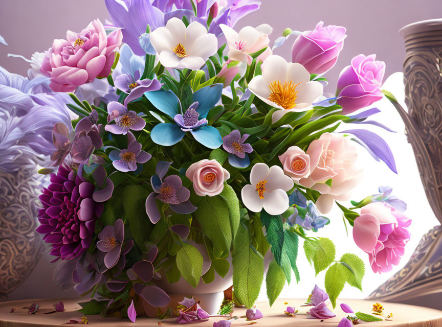 Colorful Illustrated Flower Bouquet in Pink, Purple, and Blue on Warm Background