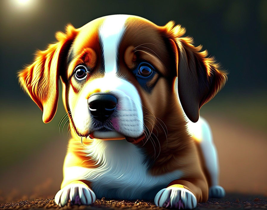 Tricolor puppy with floppy ears and brown eyes sitting attentively