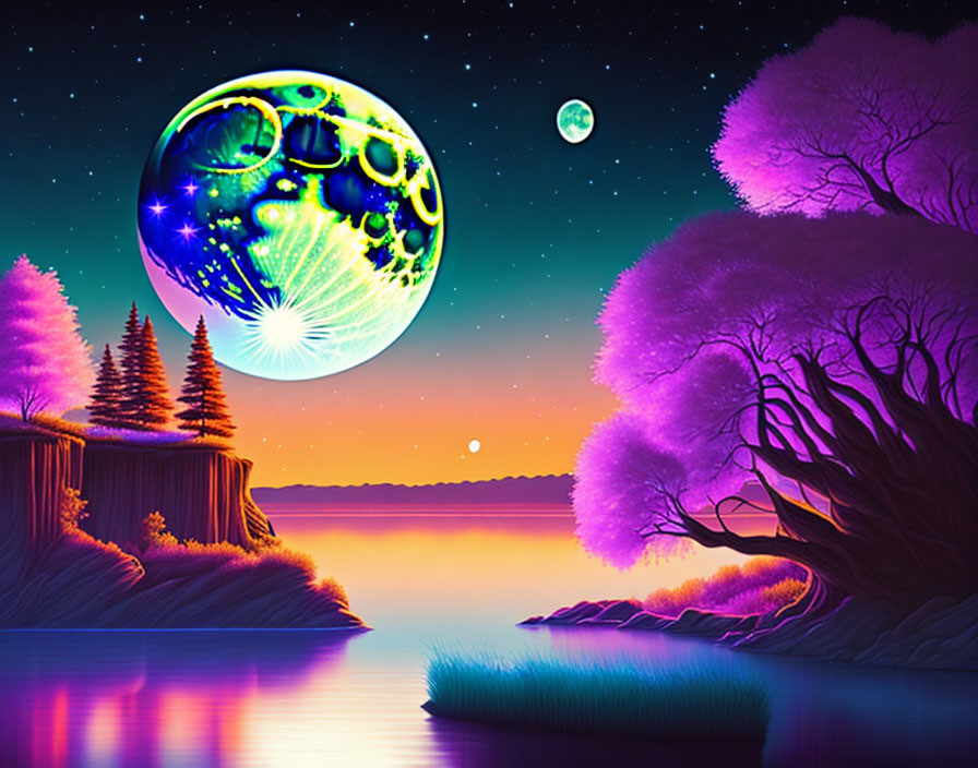 Surreal digital artwork: Vibrant landscape with purple trees, moons, and sunset