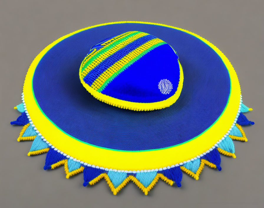 Traditional Mexican Sombrero with Blue, Yellow, and Green Striped Pattern