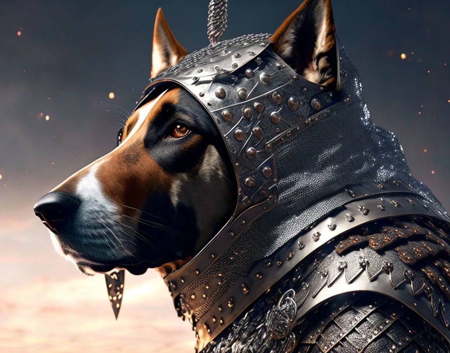 Close-Up of Dog in Medieval Armor with Spiked Collar at Twilight