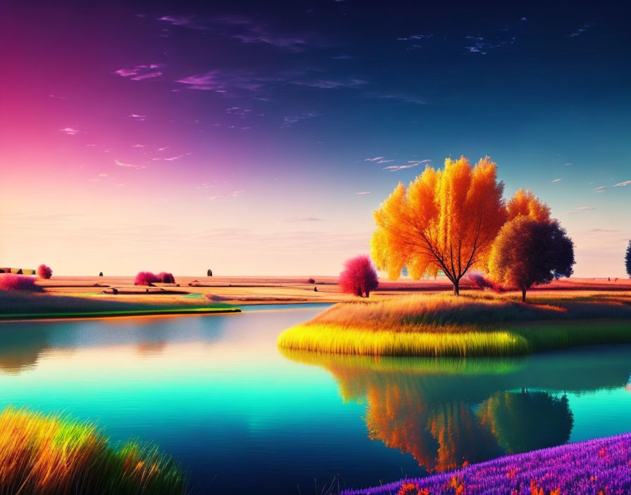 Colorful Trees and Serene Lake in Vibrant Landscape at Sunrise or Sunset