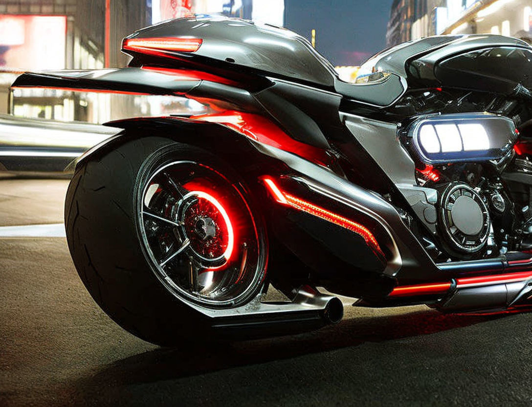 Sleek modern motorcycle with red LED accents on city street at night